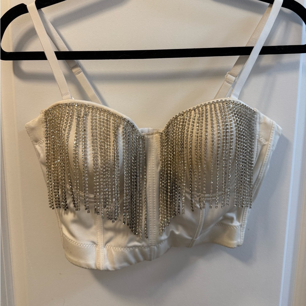 Windsor White Corset Top with Rhinestone Tassels